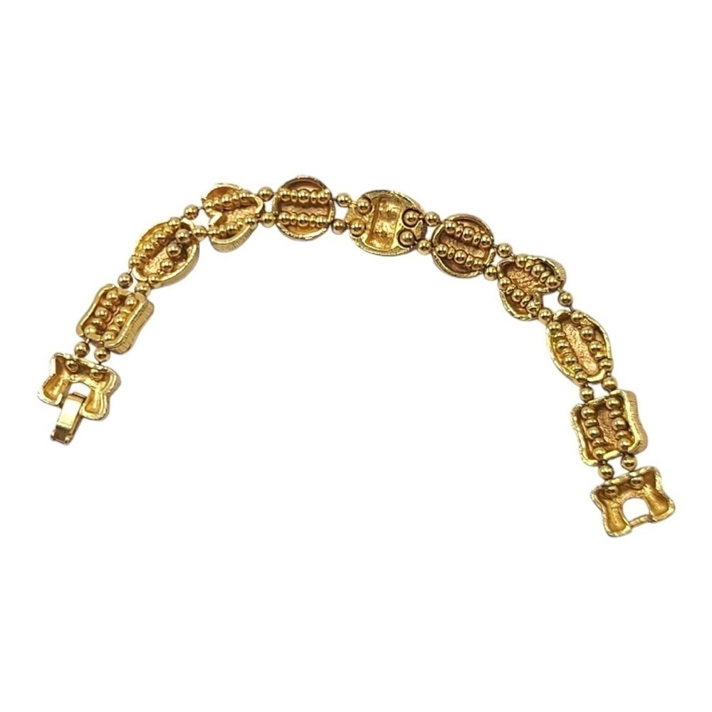 Vintage 60s Gold Tone Slide Carm Bracelet Faux Turquoise & Pearl Victorian - Picture 5 of 6